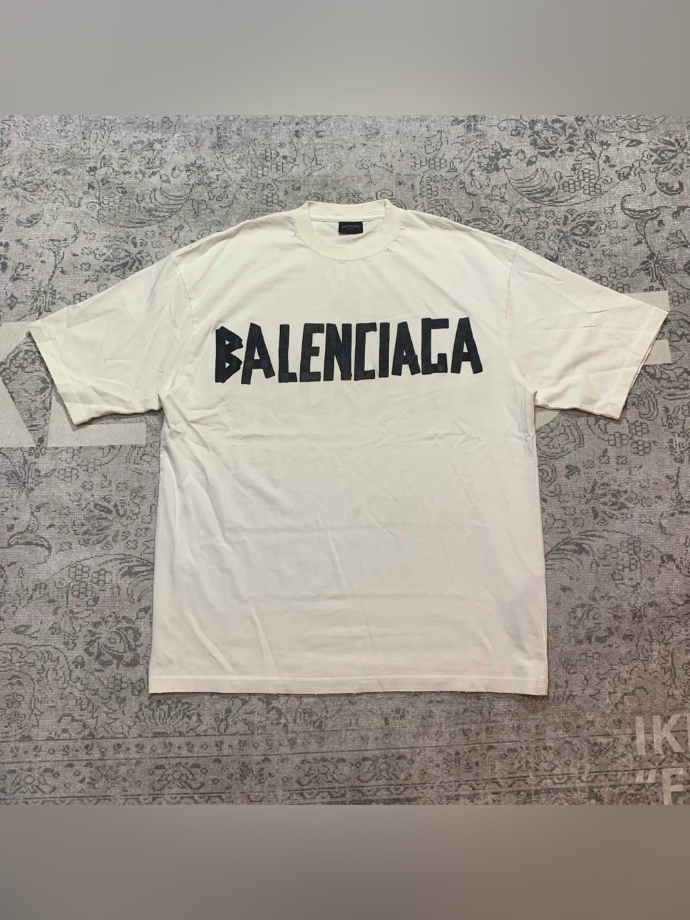 Balenciaga Men's Off-White T-Shirt with Black Logo